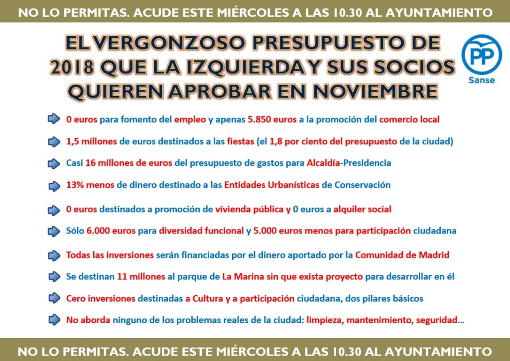 Llamamos a la movilización ante el intento del PSOE, Ganemos y sus socios de aprobar este miércoles los presupuestos de 2018, los más perjudiciales de la historia de&nbsp;Sanse